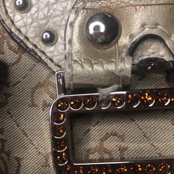 GUESS 1992 Vintage tan/silver and bronze rhinestone/snakeskin mini handbag. - Picture 2 of 12